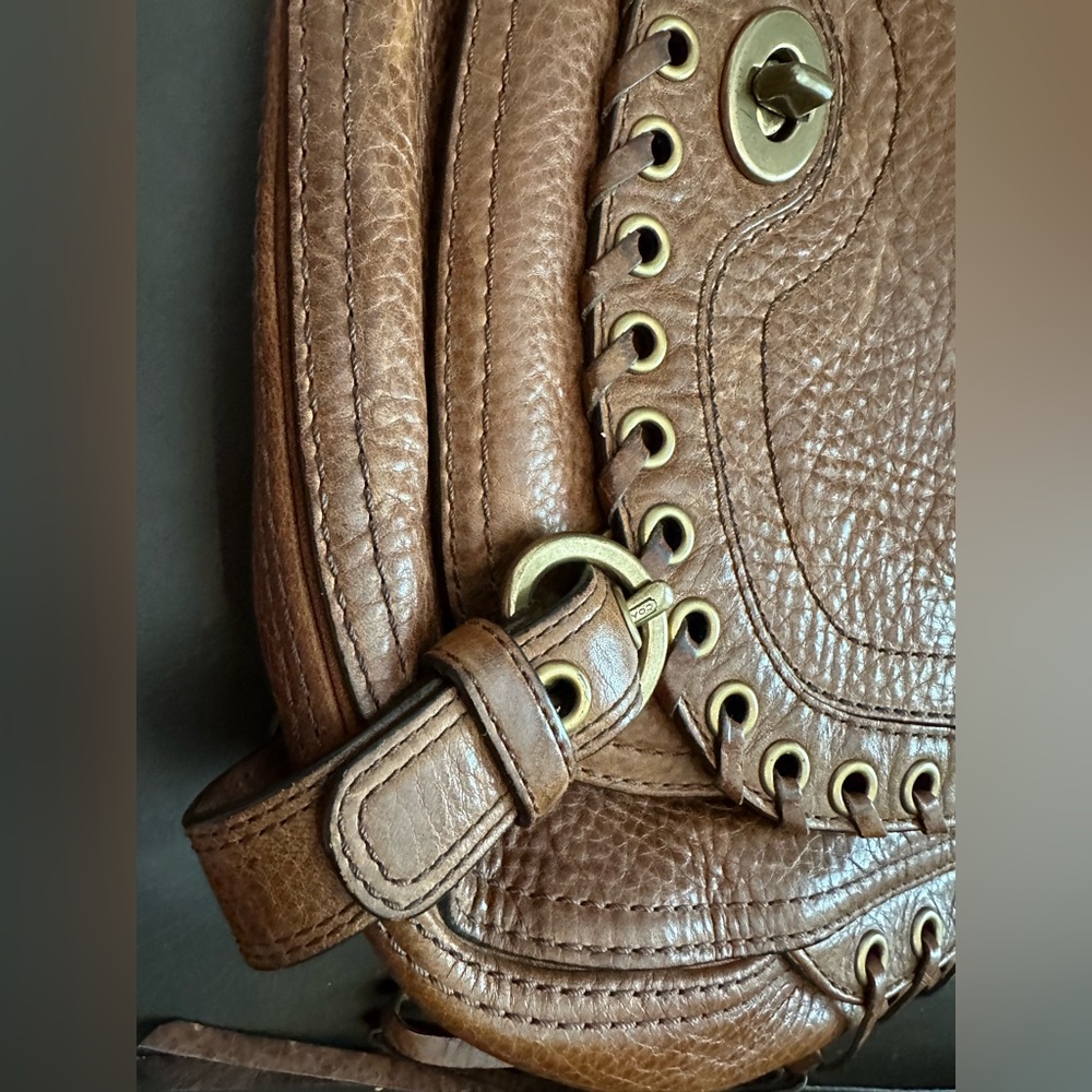 Vintage Coach Tobacco Abbey Lace Flap Pebbled Leather Satchel Hobo Style 10971 - Picture 5 of 13